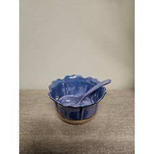 Vintage Gold Castle Japan Blue Lusterware Lotus Bowl & Spoon Set picture