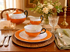 Vintage Czechoslovakia Orange Lusterware Tea Set Art Deco Iridescent Por. 25 Pc picture