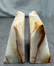 Vintage MCM Banded Onyx Wedge Bookends Heavy 9 lb Pair Marble Stone Pakistan picture