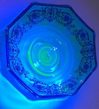 Vtg Green Vaseline  Uranium Depression Glass Candy Dish Bowl Silver Floral  picture
