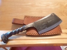 Railroad Spike Meat Cleaver with Heavy-Duty Brown Leather Belt Sheath - New picture