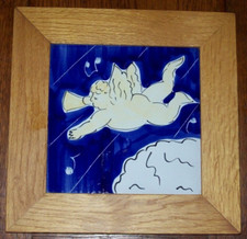 CHERUB ANGEL Italian Ceramic TILE /TRIVET ~ Hand Painted Italy Blue picture