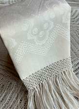 Vintage Unused Linen Damask Towel, Art Deco, L 40”x W 24” Hand Knotted Fringe picture