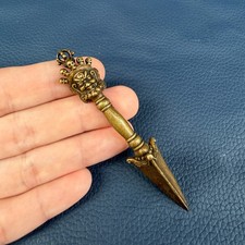 Vintage Himalayan Brass Phurba Amulet - 3-Eyed Deity & Skull Crown Talisman picture