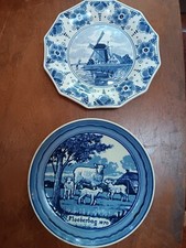 Vintage blue collector plates from Holland one is hand painted picture