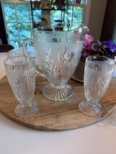 VTG Jeanette Glass Co Pittsburgh Iris & Herringbone Pitcher & 2 Footed Tumblers picture