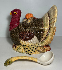 Vintage Hand Painted Ceramic Autumn Bounty Turkey Tureen & Ladle- 3 Pieces picture