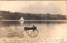 1905 RPPC COUPLE in CANOE on LAKE SAILBOAT SILVER SPRINGS & TROY NY PM POSTCARD picture