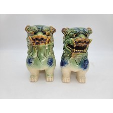 Pair of Vintage Ceramic Foo Dogs Glazed Asian Guardian Lion Blue/Green 6