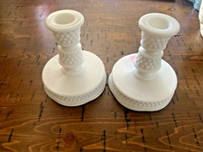 (2) Vintage Westmoreland Glass American Hobnail Candleholders 5” Milk Glass 1950 picture