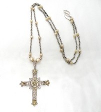 Vintage Faux Pearl Holy Cross Sweater Guard Button Hole Not Clip Retro Necklace picture