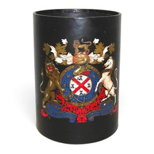 Vintage English Black Leather Wastebasket Heraldic Coat of Arms Study Library picture