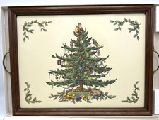 Vintage Pimpernel Spode Christmas Tree Serving Tray W/ Wood Trim & Brass Handles picture