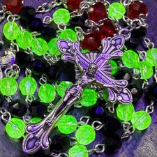 Uranium Glass Deco UV Glowing Holy Rosary Green/Black Heirloom Quality #X25 picture