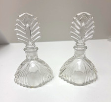 Vintage Clear Glass Perfume Bottle Art Deco Fan Leaf Stopper Vanity Decor picture