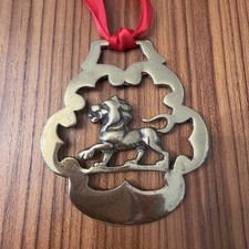 Vintage English Brass Horse Harness Medallion Heraldic Lion Passant Horse Brass picture