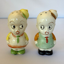 Vintage Japan Marked Ceramic wide eyed boys Salt & Pepper Shakers Set, 2pc EUC picture