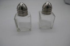 Vintage Small Square Glass  Salt & Pepper Shakers Silver Tone Tops picture