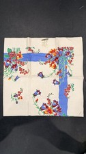 Vintage Printed Linen Tablecloth 52x52 Blue Border Floral Bellflowers NWT Unused picture