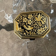 Gold and black Octagonal Compact Pill Box Floral Birds vintage 1977 Spain picture