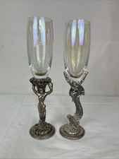 Vintage Fellowship Foundry Pewter Champagne Flutes Pair 1996 Fairy Nymph Glasses picture