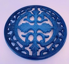 Vintage Cast Iron Round Trivet Two-Tone Blue Enamel 8” picture