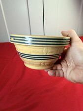 Antique McCoy Yellow Ware Mixing Bowl Blue Bands Embossed Panels 6.5” picture