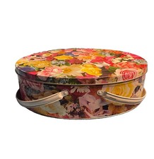 VTG Oval Tin Rare  2-HANDLED BASKET SEWING BOX Colorful Floral Pattern picture