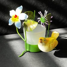 Vintage Petite Choses USA Metal Toleware Votive Holder Flowers Bird FrostY Glass picture