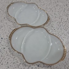 2 Vintage Anchor Hocking Fire King Milk Glass Gold Trim 3 Part Dish 28x19cm EUC picture