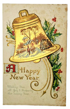 Antique c1910 Happy New Year Postcard Embossed Gold Bell Holly Winter Scene picture