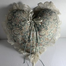 Vtg Handcrafted Heart &Lace Throw Pillow~Sage Paisley~Ribbons~French Country picture