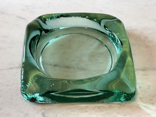 Vintage Heavy Thick Sleek Green Art Glass Square Cigar Trinket Dish Ashtray 6.25 picture
