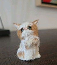 Vintage Tiny Tabby Cat White/Tan Real Rabbit Fur Sitting Figure picture