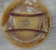 Vintage Amber Glass 3 Part Divided Serving Dish Tray Scalloped Starburst picture