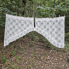 Vintage Creamy White Floral Lace Swag Curtains Ruffled Scalloped Hem T11 picture