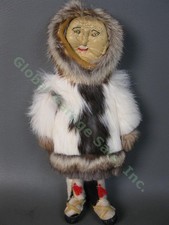 RARE VTG Antique Alaska Inuit Eskimo Male Doll Fur Leather Face Hide Skin Figure picture