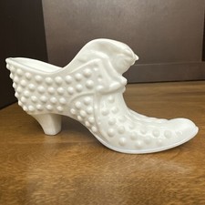 Fenton Shoe Art Glass White Cat Head Hobnail Slipper ~6” Vintage picture