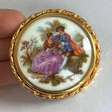 Antique Limoges Courting Couple Brooch Round Gold Trombone closure picture
