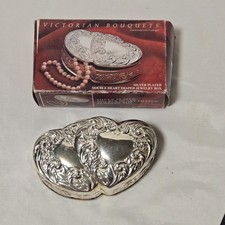 Vtg Double Heart Silverplate Velvet Godinger Jewelry Trinket Original Box 1989 picture