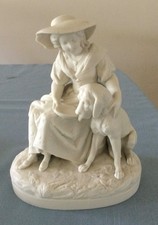Antique Copeland English Parian Figure Seated Girl Feeding Bloodhound Dog c1870 picture