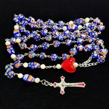 Long 27 Inch Handmade Italian Millefiori Glass Heart Bead Catholic Rosary Heavy picture