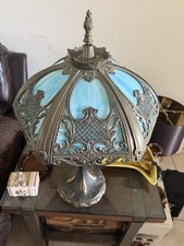 Early 20thc  Leaded Slag Glass Lamp Blue Glass 25 Inch picture