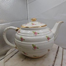 Vintage Sadler White Ceramic Teapot Pink Roses Gold Trim England Floral Medium picture