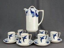 14 Pc Antique Nippon BLUE BIRD SWALLOW Hand-Painted Chocolate Set Rising Sun picture