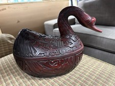 Large Vintage Lacquer Cinnabar SWAN GOOSE DUCK Chinese Lidded Box orante 10