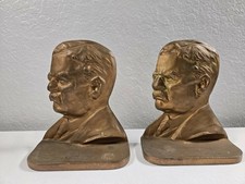 Vtg Set Theodore Roosevelt Brass Tone Cast Iron Bookends Copyright 1926 Antique picture