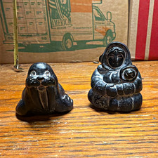 2pc Black Stone Figurines Seal & Mother With Child, Smooth Finish, 3 in picture