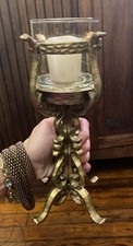 Vtg Hammered Cast Iron Gold Distress Candle Holder Ornate Design 10