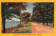 Greetings From Mooreland OK Oklahoma Lakeside Road Linen Vtg Postcard 18A picture